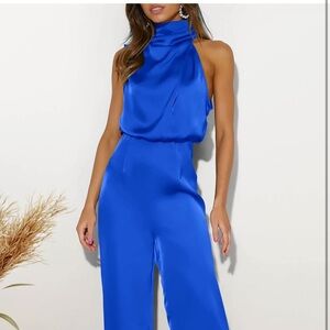 Women's Satin Jumpsuit One Piece Outfits Mock Neck Sleeveless Wide Leg Pants